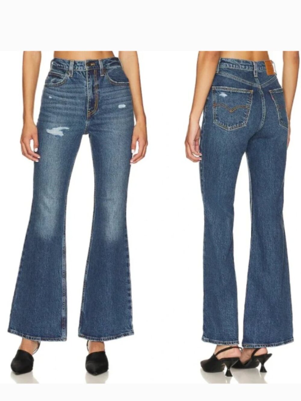 Levis Jeans Womens Size 31 Blue‎ Medium Wash 70s High Flare Distressed Denim